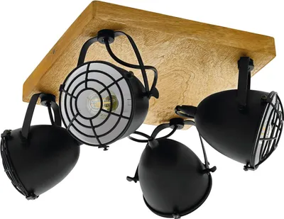 Produktbild von EGLO Deckenlampe Gatebeck, 4 flammige Deckenleuchte Vintage, Industrial, Retro, Deckenstrahler aus Stahl und Holz, Wohnzimmerlampe, Küchenlampe, E14
