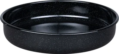 A black baking pan with white speckles.