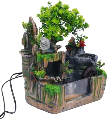 Obrázek produktu pro Stolní fontána – mini zenová pokojová fontána – skalnatá krajina – mlhovač – LED osvětlení – umělá pryskyřice – 18 x 30 x 33 cm – vícebarevná