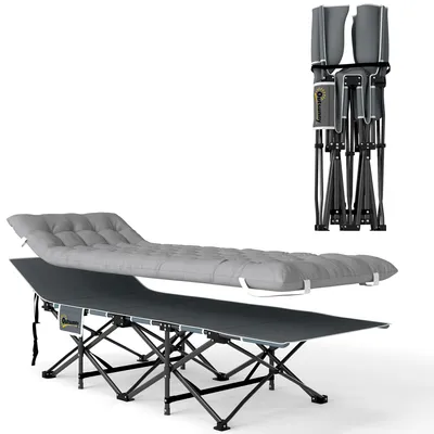 Produktbild von Feldbett faltbar Campingbett mit Matratze Kopfkissen Seitentasche 185 x 68 x 37 cm bis 150 kg Hellgrau
