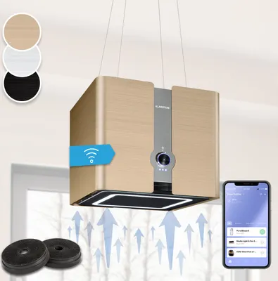 Produktbild von Klarstein Futurelight Smart Dunstabzugshaube freihängend - Abzugshaube Umluft mit 420m³/h Abluftleistung, Inselhaube Umluft mit LED-Beleuchtung, Edelstahl, gold