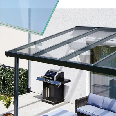 Produktbild von Gutta Terrassendachsystem Premium weiß/anthrazit 812,5 x 406 cm Echtglas klar (VSG) Anthrazit