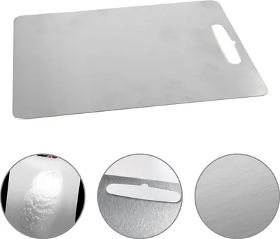 A stainless steel cutting board is shown from a top-down perspective, with close-up views of its texture and a hanging hole.