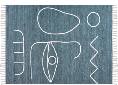 Produktbild von BELIANI Teppich Blau aus Polyester 140 x 200 cm Rechteckig Handgewebt Abstraktes Muster mit Fransen Boho für Innen und Außen Garten Terrasse Balkon