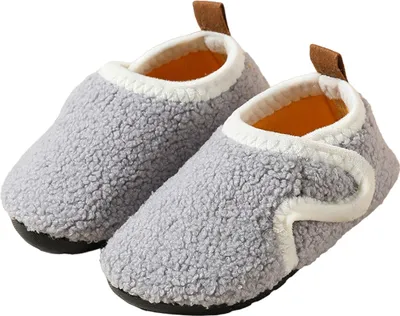 Produktbild von ASKSA Kinder Fleece Futter Hausschuhe Foam Pluesch Baumwolle Pantoffeln Antirutsch Hausschuh, Grau, Groesse: 28-29