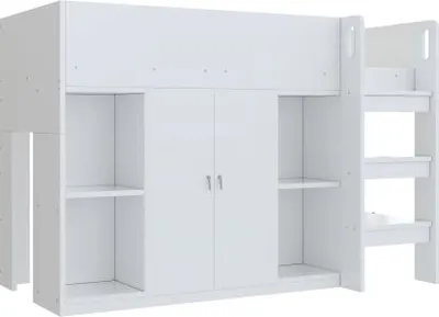 Produktbild von Weiss Multifunktionales Hochbett 90x200cm ohne MatratzeMit Stauraum Schrank Regale Kinderbett Mit Leiter Stabile Konstruktion Jugendbett Einzelbett