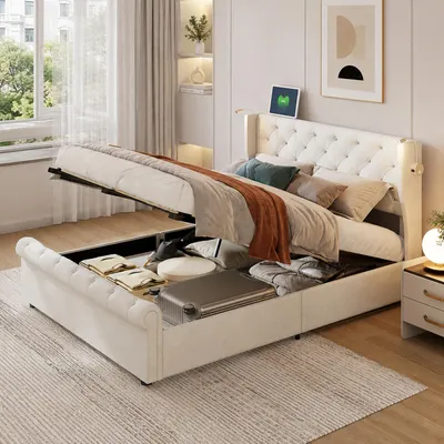 Produktbild von INONEFT Polsterbett 160x200cm mit LED und USB, boxspringbett mit bettkasten und lattenrost, jungendbett doppelbett mit hydraulik stauraum, samt beige