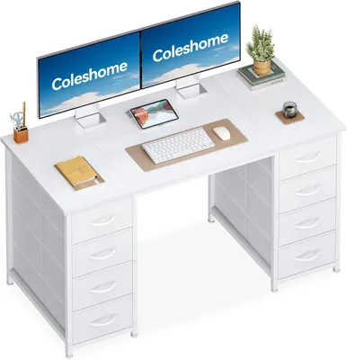Produktbild von Schreibtisch Coleshome Schreibtisch mit 8 Stoffschubladen, Schreibtisch mit Stauraum, Computertisch, Bürotisch, Bürotisch für Büro, Wohnzimmer, Heimbü