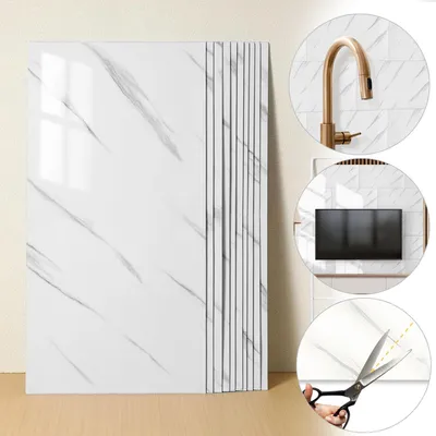 Image de 10 Pcs Blanc Autocollant de Carreau 60x30 cm Marbre Brillant Cuisine Salle de bains