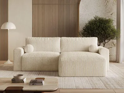 Produktbild von GrainGold Ecksofa L-Form Aurora - Ecksofa mit Schlaffunktion, Bettkasten - Moderne Ecksofa, Wohnzimmer Sofa- Eckcouch mit Cord-Stoff - Beige (Tilia 3)