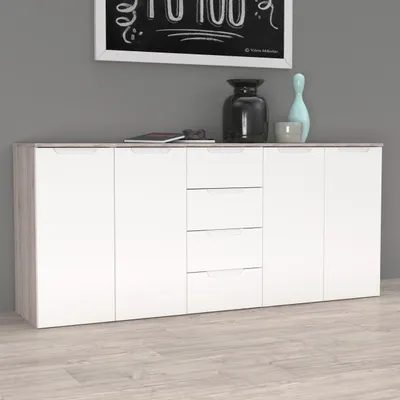 Produktbild von Forte MORENO Kommode 180, moderne Kommode mit 4 Türen und 4 großer Schublade, Schlaf-/Wohnzimmer, Flur, Holzwerkstoff, Weiß, 179 cm breit x 80,1 cm hoch x 41,5 cm tief