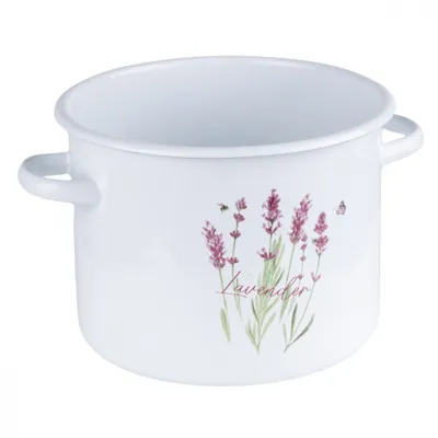 A white enamel pot with a lavender design and the word 'Lavender' written on it.