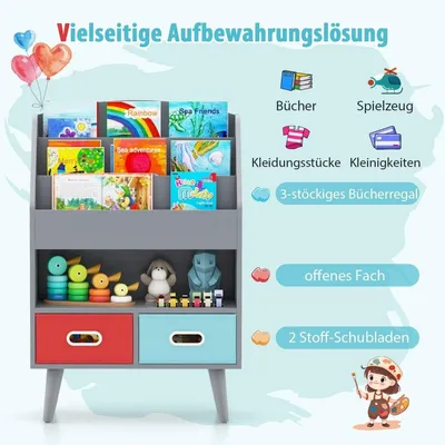 Obrázek produktu pro Knihovna Dětská dětská police se 3 policemi & otevřená přihrádka & 2 šedé látkové zásuvky