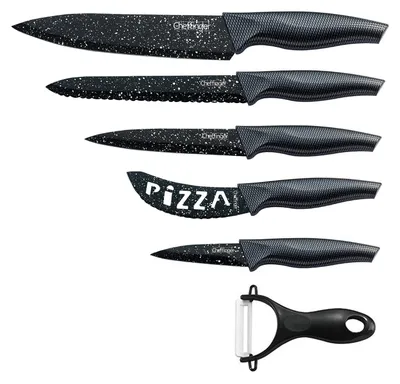 Produktbild von 6 teiliges Messerset (5 Messer & 1 Sparschäler) in Klappbox mit Magnetverschluss scharfe Messerklingen Küchenmesser Chefmesser Pizzamesser Motiv 2