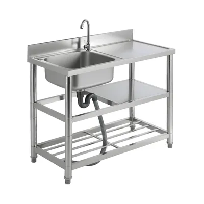 Produktbild von Freistehende Edelstahl Spüle Spültisch Gastrospüle Küchenspüle 100x50x80(LxBxH) Spülbecken mit Wasserhahn Waschtisch