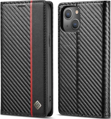 Image de Étui pour iPhone 15 Étui en cuir carbone avec porte-cartes, aimant et support Noir Vertical Rouge