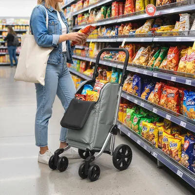 Produktbild von Einkaufstrolley 3-in-1 mit Kühlfach klappbar, Einkaufswagen Rucksack, Oxfordstoff, Grau | 58 x 44 x 100 cm | 46 L | Aluminiumrahmen