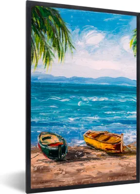 Produktbild von MuchoWow® Gerahmtes Poster Gemälde - Öl auf Leinwand - Strand - Palme - Boot 20x30 cm - Poster mit Schwarzem Bilderrahmen Wandposter Rahmen Foto Bilder - Drucken - Bilder Poster im Rahmen