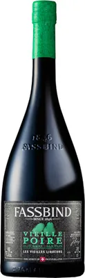 A bottle of Fassbind Vieille Poire liqueur against a white background.