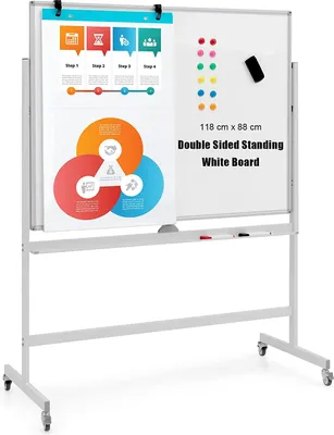 Produktbild von Mobile Magnettafel 160/180 cm höhenverstellbar & 360° drehbar, 120x90 cm Doppelseitiges Magnetboard mit Ständer, Whiteboard Alurahmen mit Stiftablage inkl. Zubehör (Weiß)