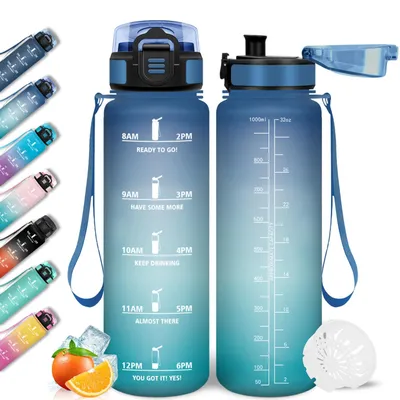 Imagen del producto de Botella de agua de 1000 ml, a prueba de fugas, con indicador de tiempo y filtro, botella deportiva