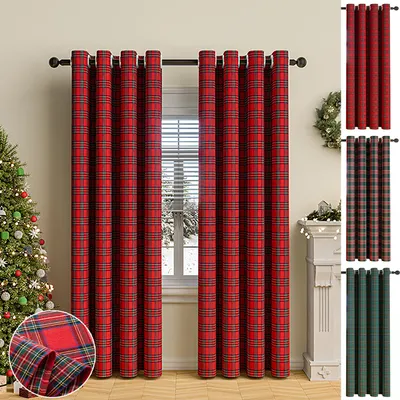 A collage of plaid curtains in red and green, with a Christmas tree and fireplace in the background.