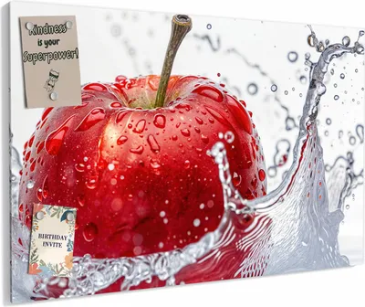 Produktbild von Magnettafel 90 x 60 cm „Roter Apfel im Spritzer“ – Magnetwand aus Metall, beschreibbar mit Whiteboard-Marker – Memoboard für Küche & Büro