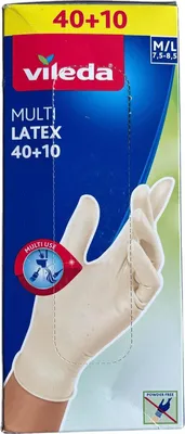 Produktbild von Vileda Multi Latex 50x Einmalhandschuh, Handschuh aus Naturlatex, Größe M/L, Einweghandschuh