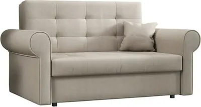 A studio shot of a beige sofa with a single throw pillow.