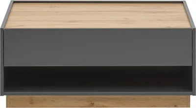 A front view of a modern coffee table with a gray drawer and a wood-effect top and base.