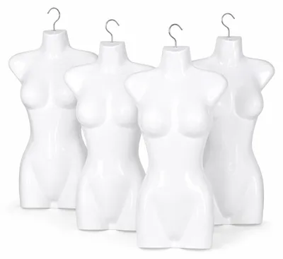 Produktbild von 4er Set Torso Weiblich - 66 cm Damentorso aus Kunststoff - Oberkörper Halbplastik in Farbe weiß - Mannequin Büste - Halbplastischer Damenbody - Puppe Figur - Schaufensterpuppe mit Haken