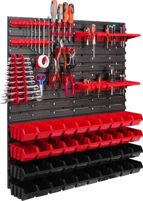 Image de Panneau d'outils mural 78 x 78 cm avec 40 pcs. Boîtes de suspension avec jeu de supports en plastique