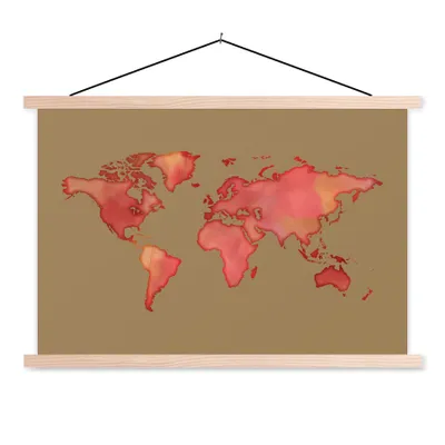 Produktbild von MuchoWow® Textilposter Weltkarte - Rot - Aquarell 120x80 cm mit holzfarbenen Rahmen - Aufhängeset