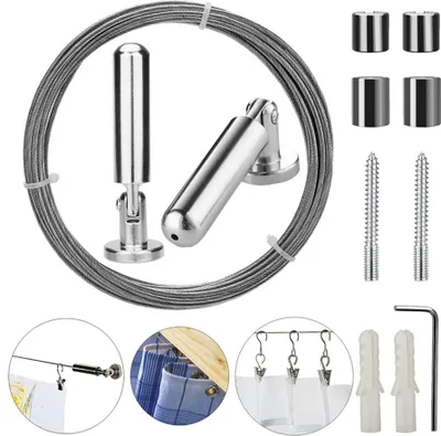 Produktbild von Edelstahl Seilspanner Seilspanngarnitur Gardinenseil Vorhang Drahtseil Kit Set Seilspannsystem Gardinenstange Edelstahlseil (5m)