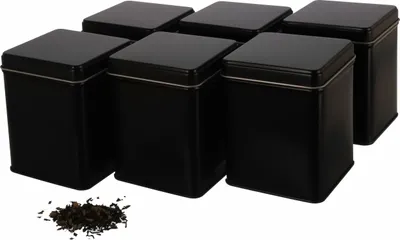 Produktbild von Dosenritter | 6x klassische eckige Teedose/Vorratsdose, STAPELBAR, aromadicht aus Metall für je 140g Earl Grey, inkl. 6 Etiketten | 9,8 x 7,6 x 7,6 cm