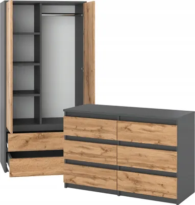 A wardrobe and a dresser are shown against a white background.