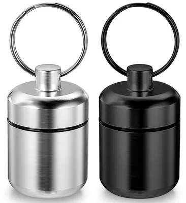 Produktbild von Pillendose Schlüsselanhänger 2 Stück Wasserdicht Metall Schwarz+Silber Ø 2,96 cm