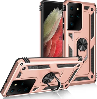 Produktbild von LaimTop Schutzhülle für Galaxy S21 Ultra 5G, Dual Layer Robust Militäre Fallschutz Hülle mit Ringhalterung Ständer Roségold
