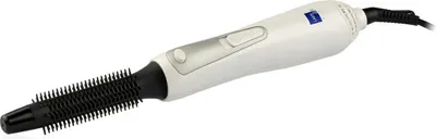 A white and silver hot air brush with a black brush head is shown against a white background.