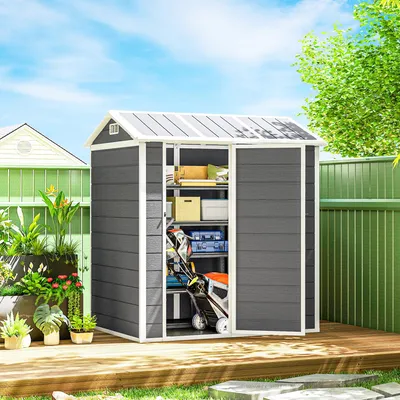 Produktbild von SUGIFT Gerätehaus Kunststoff mit Boden, Gartenschuppen abschließbar wetterfest, Grau | 186 x 130 x 199 cm | 12 mm Polypropylen | Fenster & Belüftung