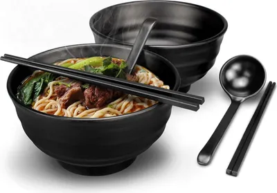 Produktbild von Ramen Schüssel Japanisches Ramen-Komplettset 90 ml schwarz rutschfest Suppenschüssel - Löffel und Essstäbchen - Pasta Obst Nudelsalat - 2 Sets (6 Stück)
