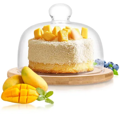 Produktbild von Gläserne Käseglocke mit Holztablett, 18 cm, ideal zum Servieren von Käse, Torte, Dessert, Obst und Brot