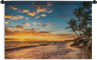 Produktbild von MuchoWow® Wandteppich Wandbehang Strand - Sonnenuntergang - Meer - Palme 60x40 cm Tapisserie Dekoration Wandtuch - Wanddekorationen