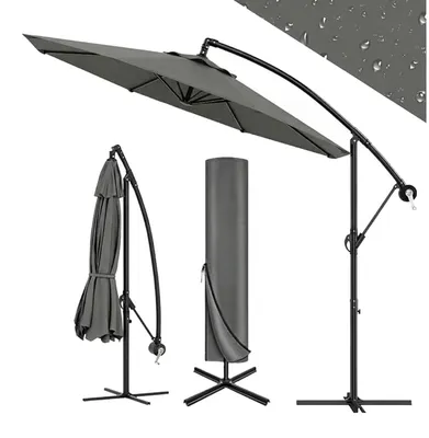 Immagine prodotto di Ombrellone da giardino - Ombrellone a braccio con manovella - Protezione UV - Impermeabile - Con base e protezione antivento - Ideale per terrazza, balcone e giardino - Grigio