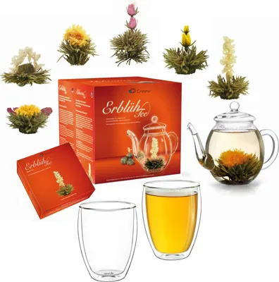 Produktbild von Creano Teeblumen Mix - Geschenkset Erblühtee mit Glaskanne & 2x 250ml Thermogläser - Weißer Tee (in 6 Sorten)