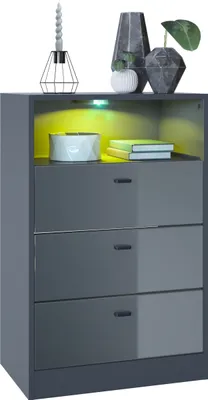Produktbild von Vladon Kommode Pino V2,  Germany, Anrichte mit 3 Schubladen & 1 offenem Fach, Anthrazit matt/Grau Hochglanz mit LED RGB (56 x 86,5 x 36 cm)