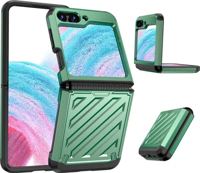 A green flip phone case is shown from multiple angles against a white background.