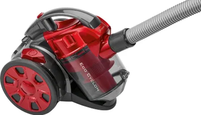 A red and black canister vacuum cleaner with a gray hose attached, shown against a white background.