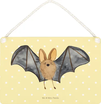 Produktbild von Mr. & Mrs. Panda Wandbild Holz Fledermaus Flügel DIN A5 - Gelb Pastell - Geschenk, Deko, Schild, holzbild, Türschild, Wandschild, Lustige Sprüche