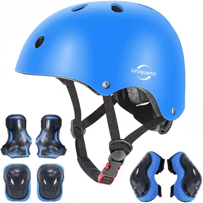 Produktbild von Schutzausrüstungs-Set für Kinder 7-teilig Helm Knieschützer Ellbogenschützer Handgelenkschützer Blau S (3-8 Jahre)